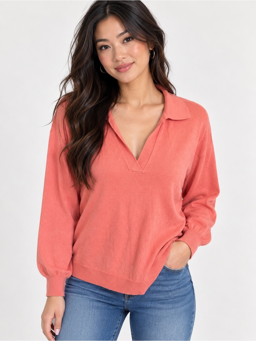 Vince Camuto Collared Pullover Sweater Ocean Coral orange cotton SMALL ribbed